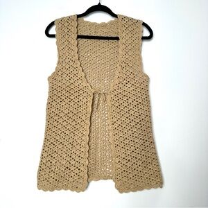 Boho Crochet Goblincore Scalloped Tie Long Line Vest Earthy Fairycore Handmade